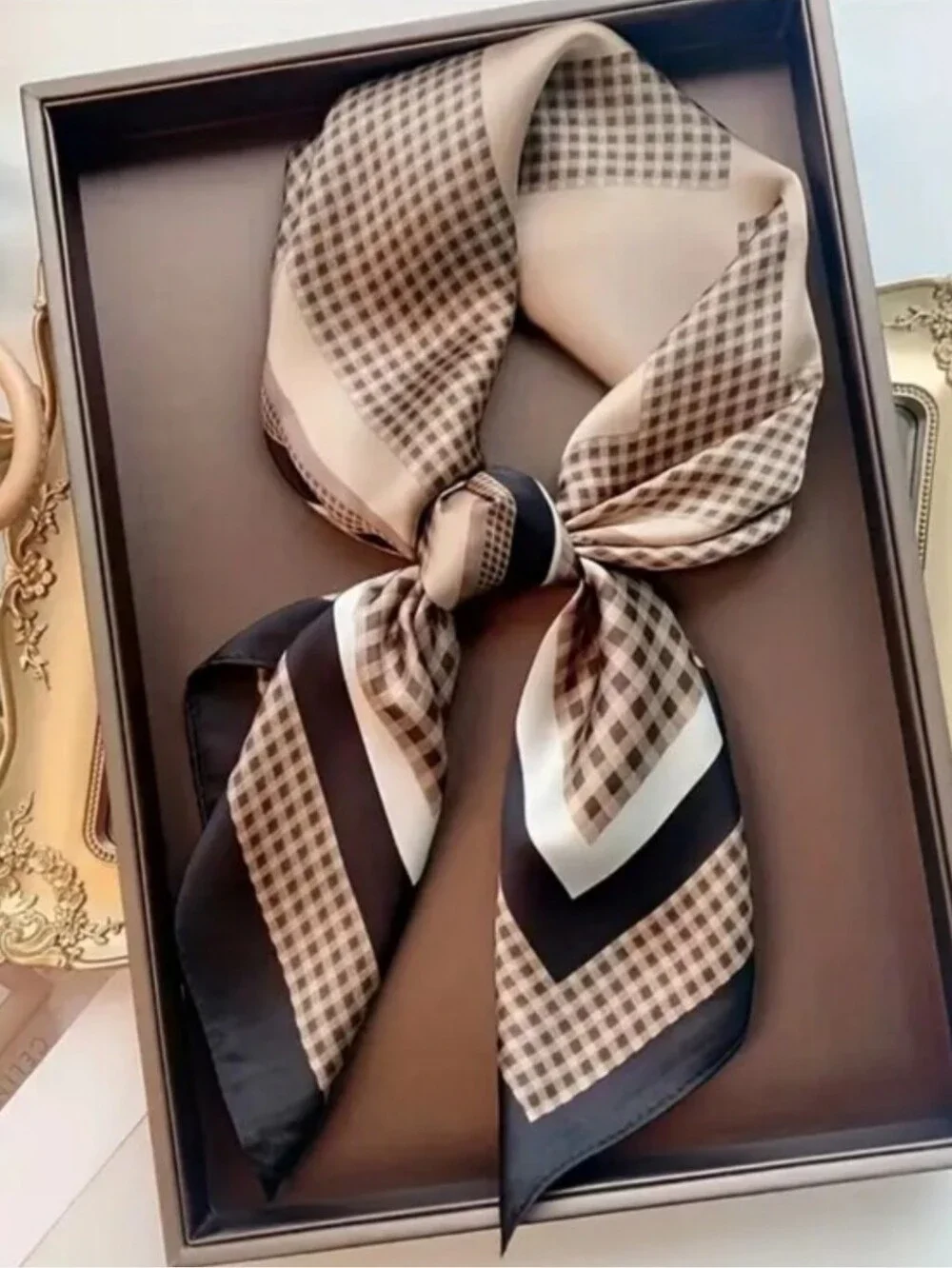 Brown and Black Patterned Women's Silk-Feel Scarf